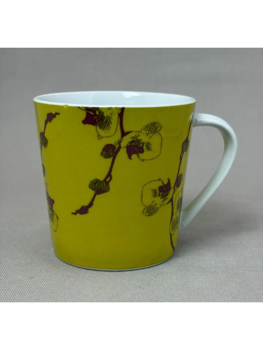 Trish Richman Porcelain Coffee Mug Chartreuse Yellow Plum Orchid Tea Cup 12 oz